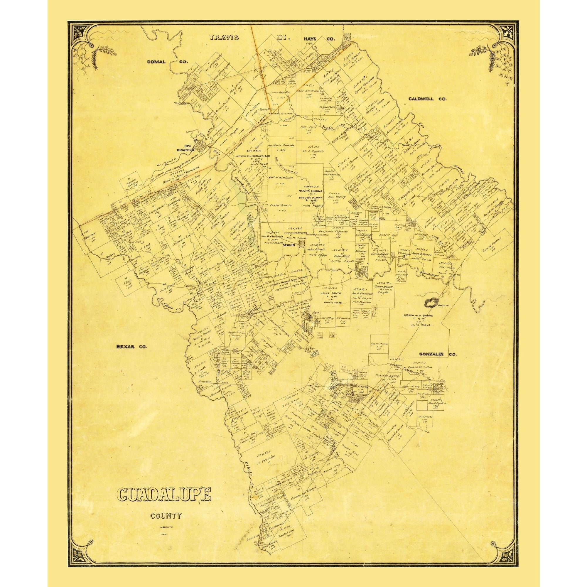 Historic County Map - Guadalupe County Texas - General Land Office 1854 ...