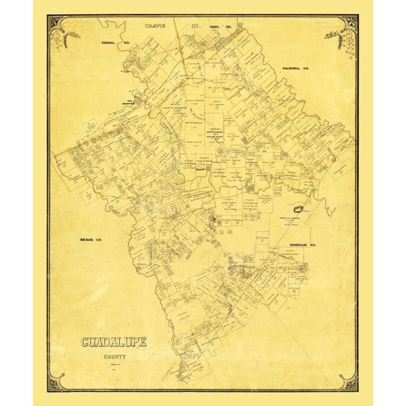 Historic County Map- Guadalupe County Texas - General Land Office 1854 - Vintage Wall Art
