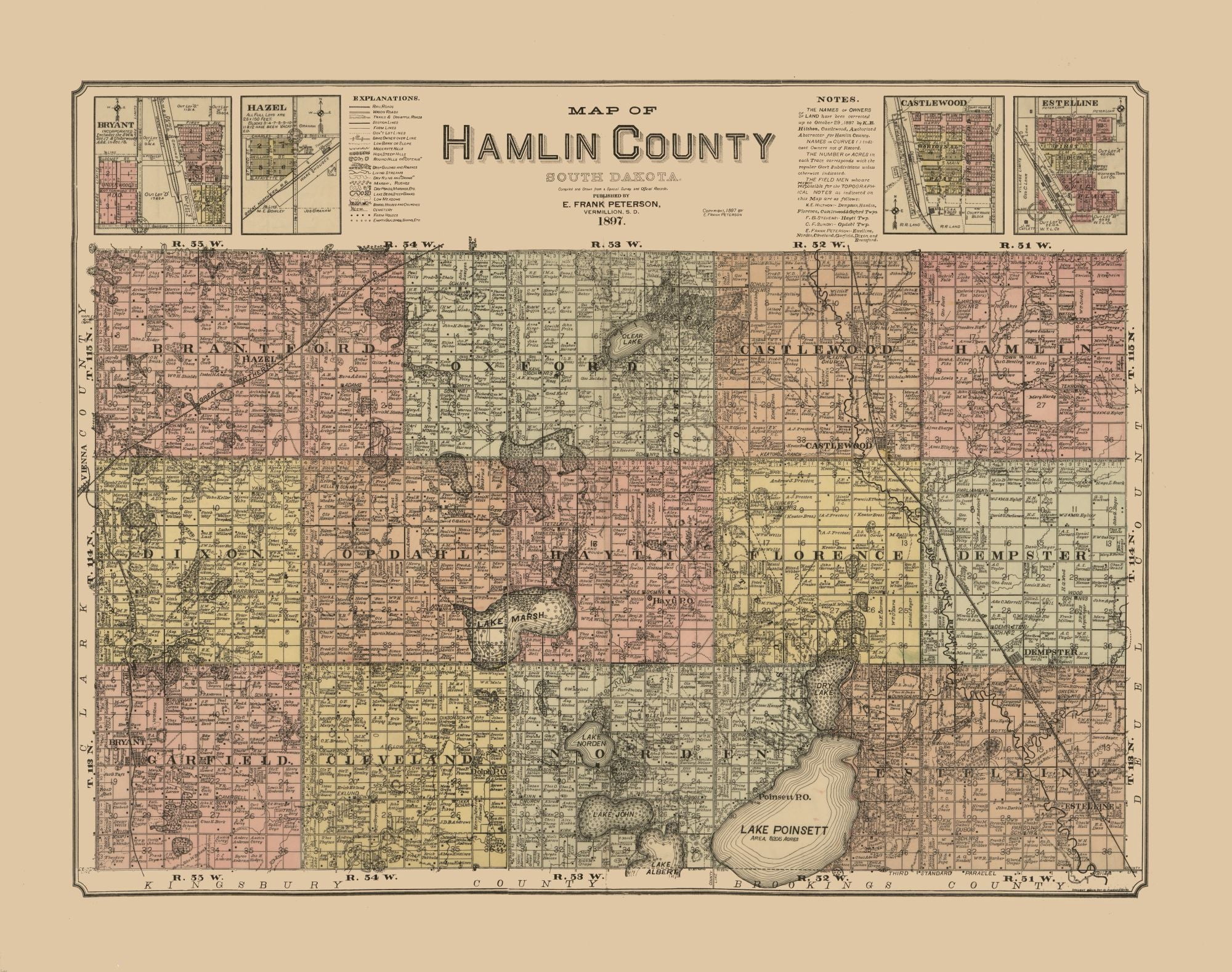 Historic County Map Hamlin County South Dakota Peterson 1897 29.