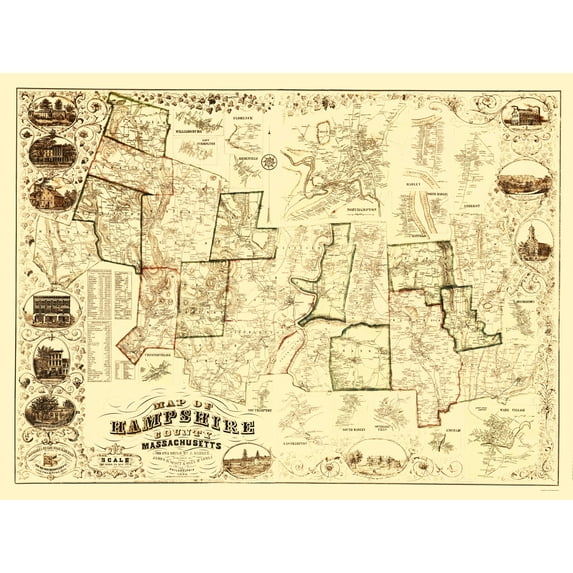 Historic County Map - Hampshire County Massachusetts - Barker 1854 - Vintage Wall Art