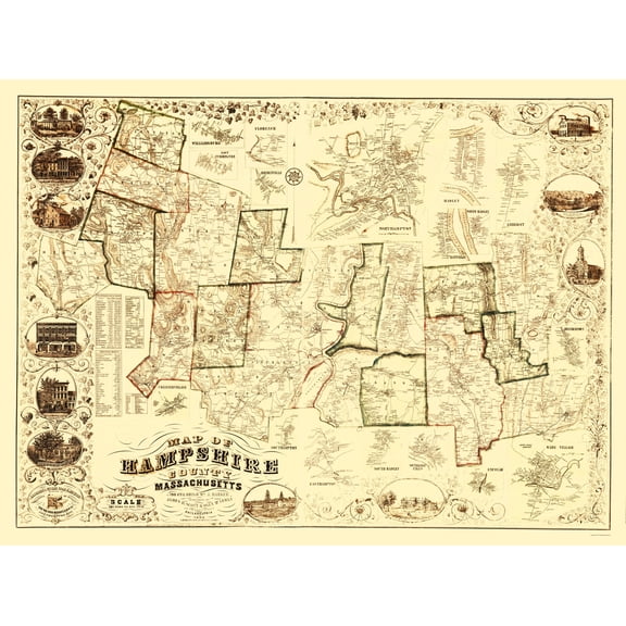 Historic County Map - Hampshire County Massachusetts - Barker 1854 - 23 x 30.85 - Vintage Wall Art