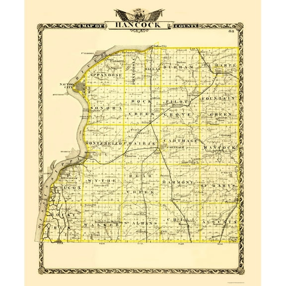Historic County Map - Hancock County Illinois  - Warner 1870 - 23 x 27.78 - Vintage Wall Art