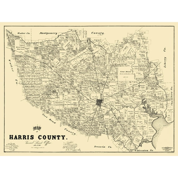 Historic County Map - Harris County Texas - General Land Office 1893 - Vintage Wall Art