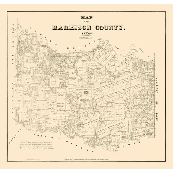 Historic County Map - Harrison County Texas - Walsh 1879 - Vintage Wall Art