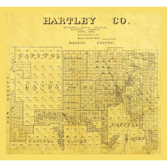 Historic County Map - Hartley County Texas - General Land Office 1891 - 25.00 x 23 - Vintage Wall Art