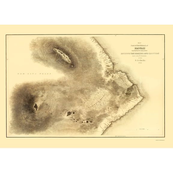 Historic County Map - Hawaii County Hawaii - Wilkes 1841 - 23 x 32.16 - Vintage Wall Art