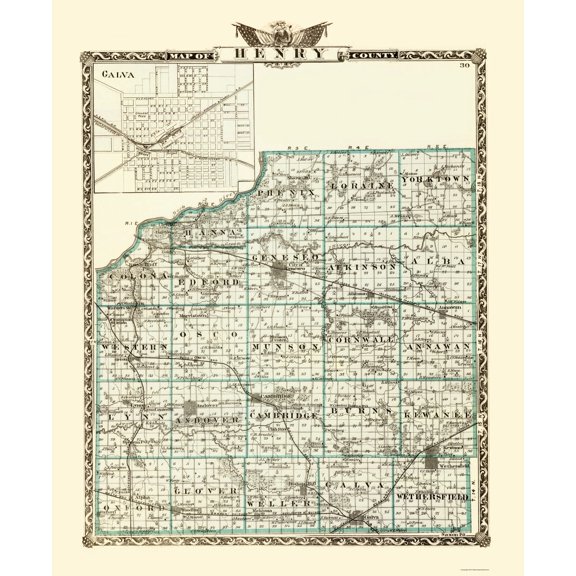 Historic County Map - Henry County Illinois - Warner 1870 - Vintage Wall Art
