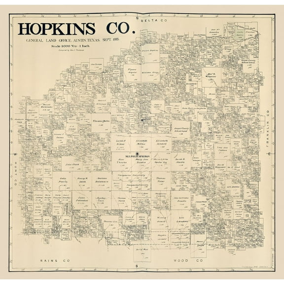 Historic County Map - Hopkins County Texas - Thielepape 1885 - 23.79 x 23 - Vintage Wall Art