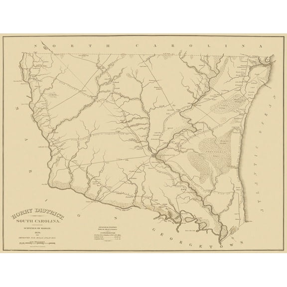 Historic County Map - Horry County South Carolina - Mills 1825 - 30 x 23 - Vintage Wall Art