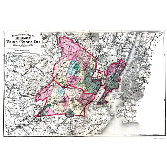 Historic County Map - Hudson Union Essex Counties New Jersey - Beers 1872 - 34.5 x 23 - Vintage Wall Art