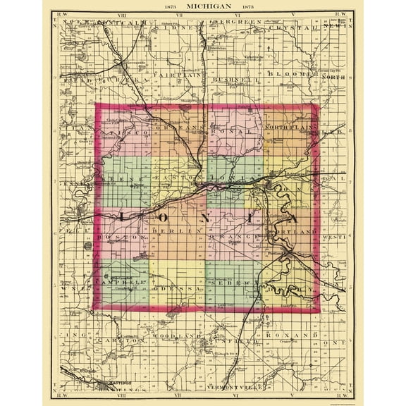 Historic County Map - Ionia County Michigan - Walling 1873 - 23 x 31.86 - Vintage Wall Art