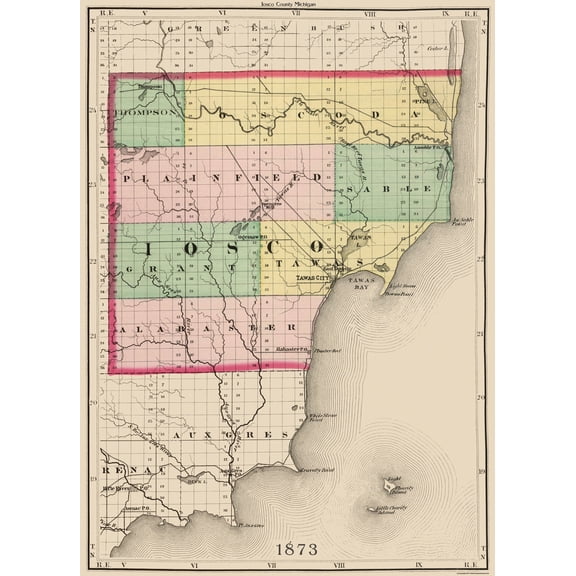 Historic County Map - Iosco County Michigan - Walling 1873 - Vintage Wall Art