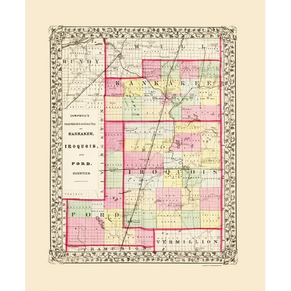 Historic County Map - Iroquois Kankakee Ford Counties Illinois - Campbell 1870 - 23 x 27.86 - Vintage Wall Art