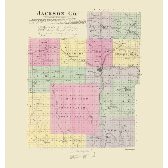 Historic County Map - Jackson County Kansas - Everts 1887 - 23 x 24.52 - Vintage Wall Art