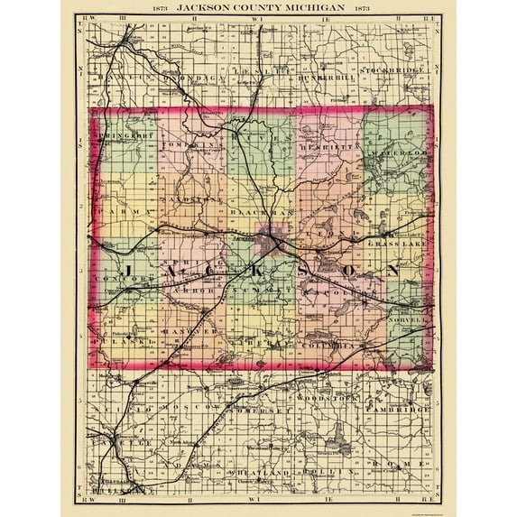 Historic County Map - Jackson County Michigan - Walling 1873 - 23 x 30 - Vintage Wall Art