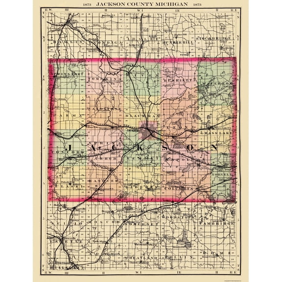 Historic County Map - Jackson County Michigan - Walling 1873 - 23 x 30 - Vintage Wall Art