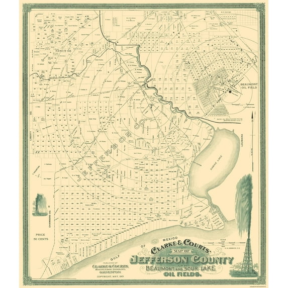 Historic County Map - Jefferson County Texas - Clarke 1901 - 23 x 26.56 - Vintage Wall Art