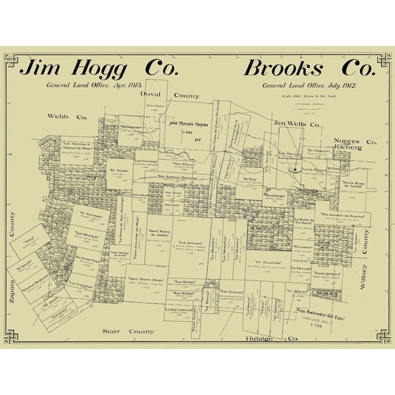 Historic County Map - Jim Hogg Brooks Counties Texas - McDonald 1912 - 29.99 x 23 - Vintage Wall Art