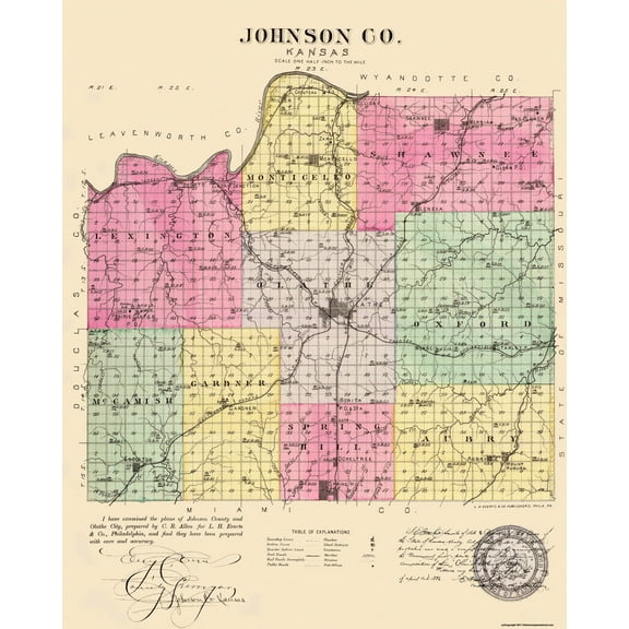 Historic County Map - Johnson County Kansas - Everts 1887 - 23 x 28.63 - Vintage Wall Art