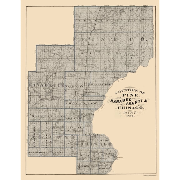Historic County Map - Kanabec Isanti Chisago Counties Minnesota - Andreas 1874 - 23 x 29.81 - Vintage Wall Art