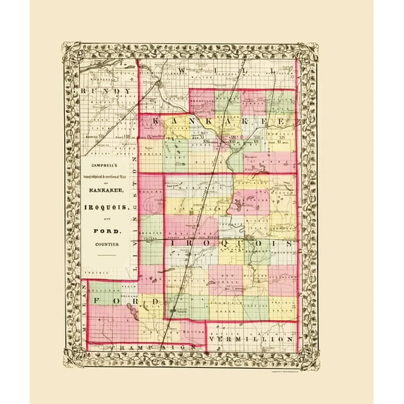 Historic County Map- Kankee Iroquois Ford Illinois - Campbell 1870 - Vintage Wall Art