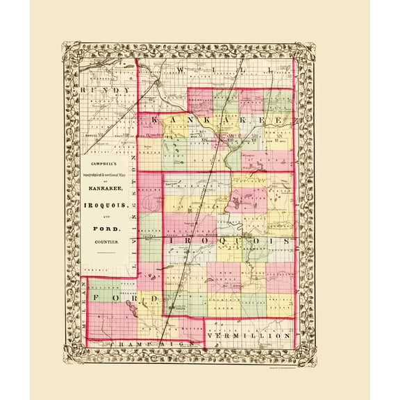 Historic County Map - Kankee Iroquois Ford Counties Illinois - Campbell 1870 - 23 x 27.00 - Vintage Wall Art