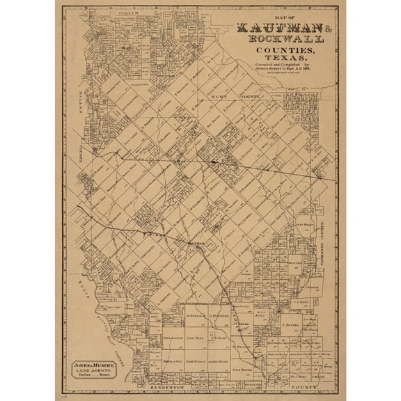 Historic County Map - Kaufman Rockwall Counties Texas - Murphy 1878 - Vintage Wall Art
