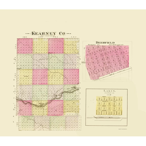 Historic County Map - Kearney County Kansas - Everts 1887 - Vintage Wall Art
