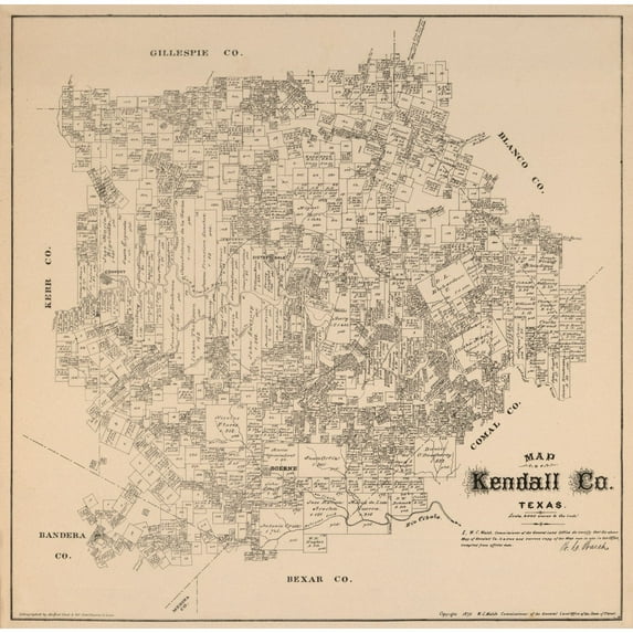 Historic County Map - Kendall County Texas - Walsh 1879 - Vintage Wall Art