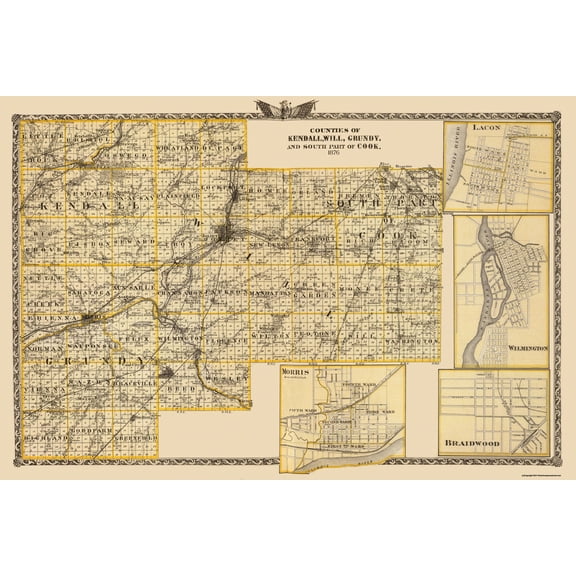 Historic County Map - Kendall Will Grundy Cook Counties Illinois - Warner 1876 - 34x23 - Vintage Wall Art