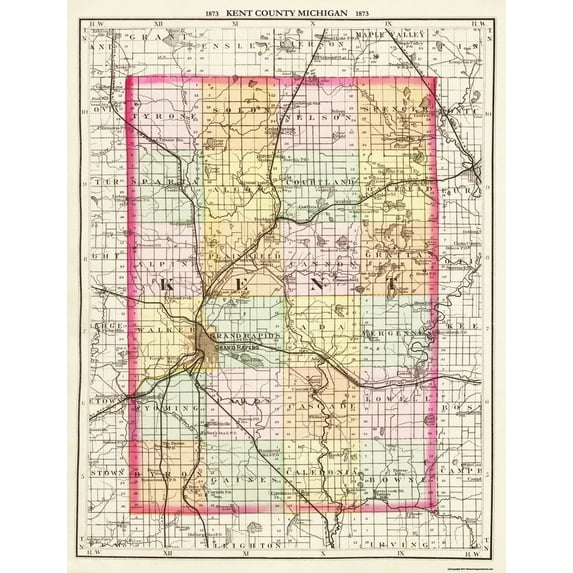 Historic County Map - Kent County Michigan - Walling 1873 - Vintage Wall Art