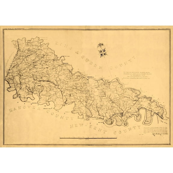 Historic County Map - King William County Virginia - Gilmer 1865 - 32.67 x 23 - Vintage Wall Art