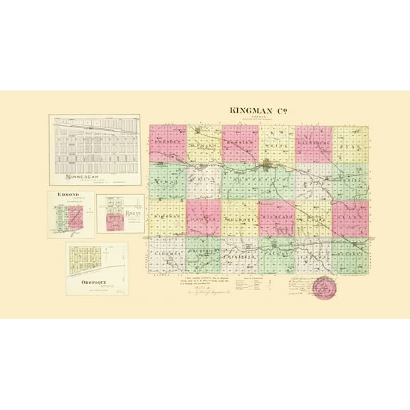 Historic County Map - Kingman County Kansas - Everts 1887 - 23 x 41.22 - Vintage Wall Art