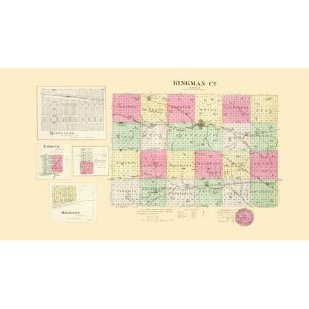 Historic County Map - Kingman County Kansas - Everts 1887 - Vintage Wall Art