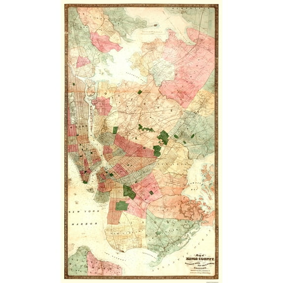 Historic County Map - Kings County New York - Dripps 1890 - Vintage Wall Art