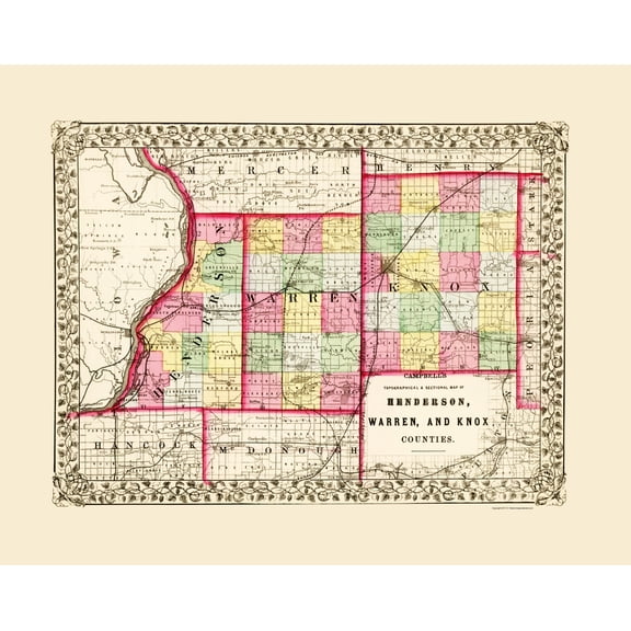 Historic County Map - Knox Warren Henderson Counties Illinois - Campbell 1870 - 23 x 28.98 - Vintage Wall Art