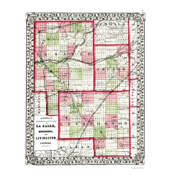 Historic County Map - LaSalle Grundy Livingston Counties Illinois - Campbell 1870 - 23 x 26.88 - Vintage Wall Art