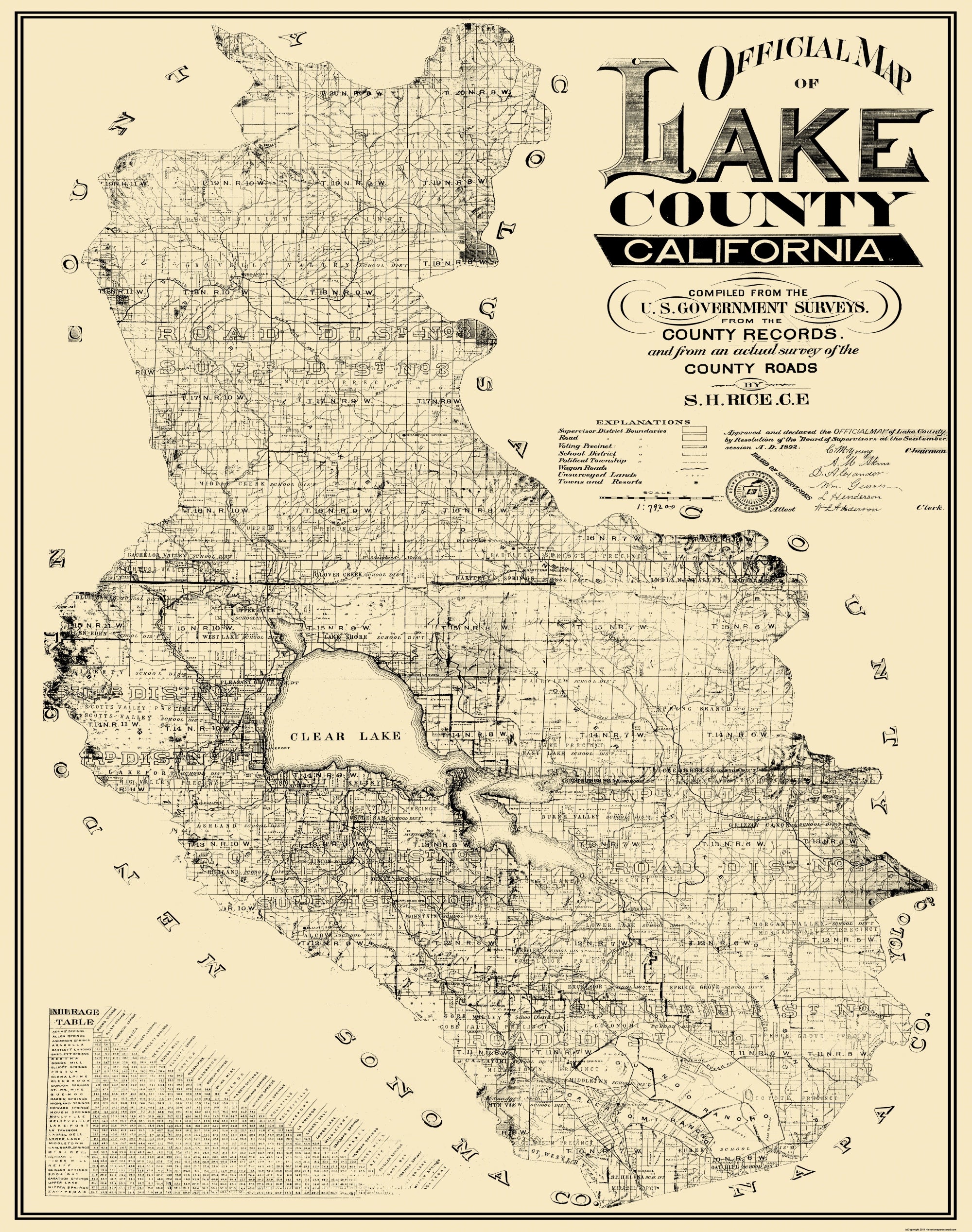Historic County Map - Lake County California - Rice 1892 - Vintage Wall ...