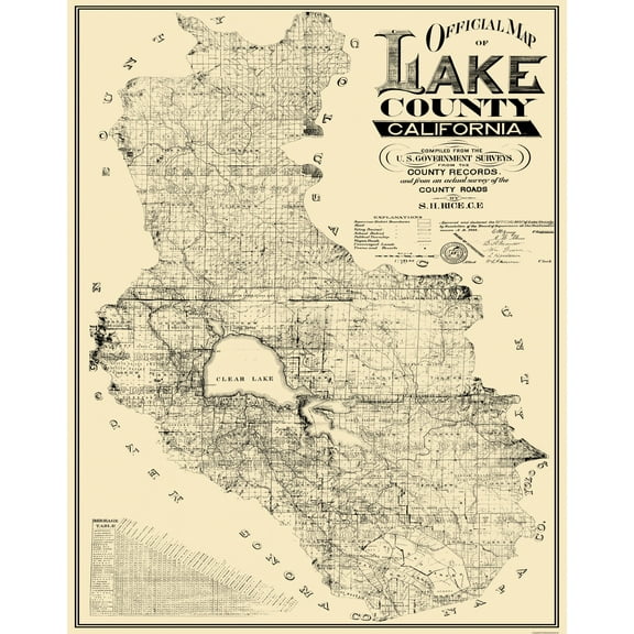 Historic County Map - Lake County California - Rice 1892 - Vintage Wall Art