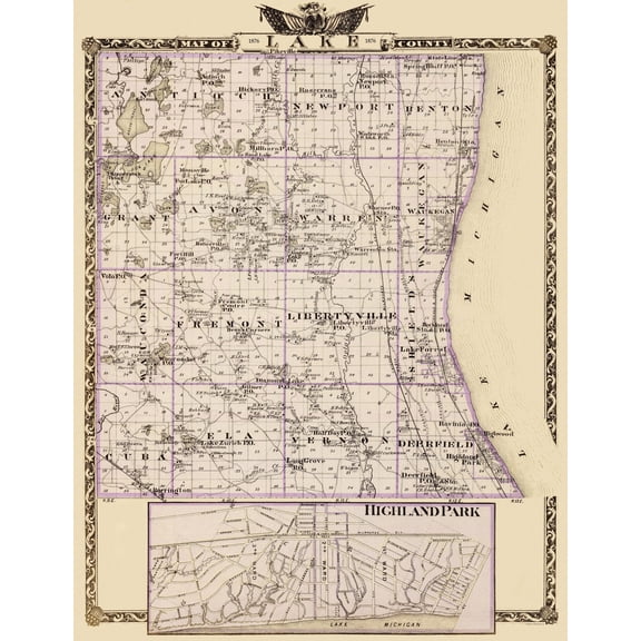 Historic County Map - Lake County Illinois - Warner 1876 - 23 x 29.81 - Vintage Wall Art
