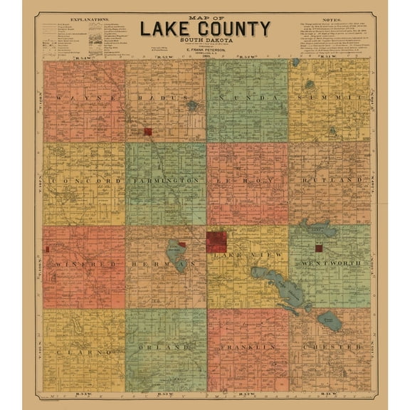 Historic County Map - Lake County South Dakota - Peterson 1899 - 23 x 25.77 - Vintage Wall Art