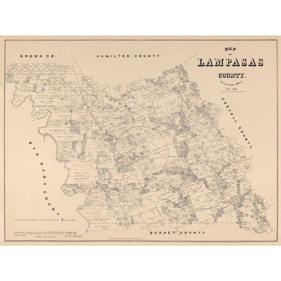 Historic County Map - Lampasas County Texas - Walsh 1879 - 30.74 x 23 - Vintage Wall Art