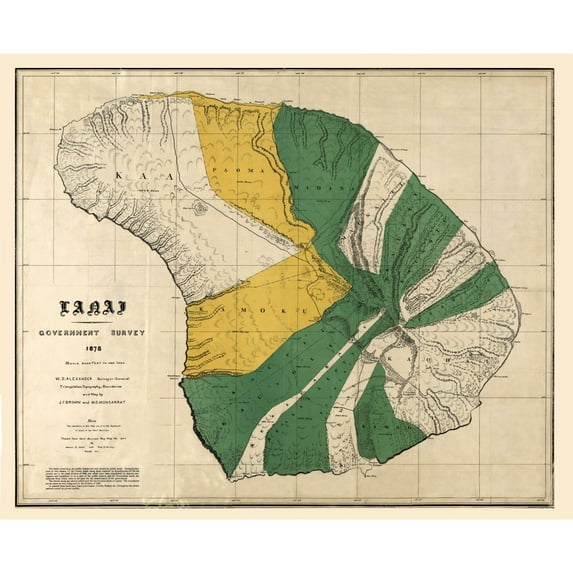 Historic County Map - Lanai County Hawaii - Brown 1878 - 28.30 x 23 - Vintage Wall Art