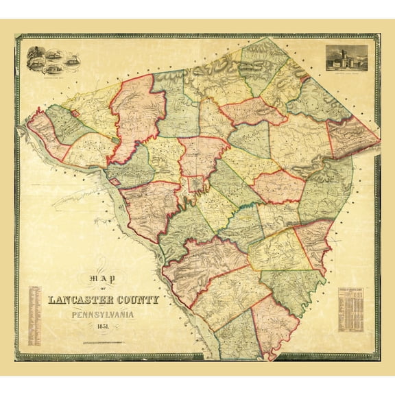 Historic County Map - Lancaster County Pennsylvania - 1851 - Vintage Wall Art