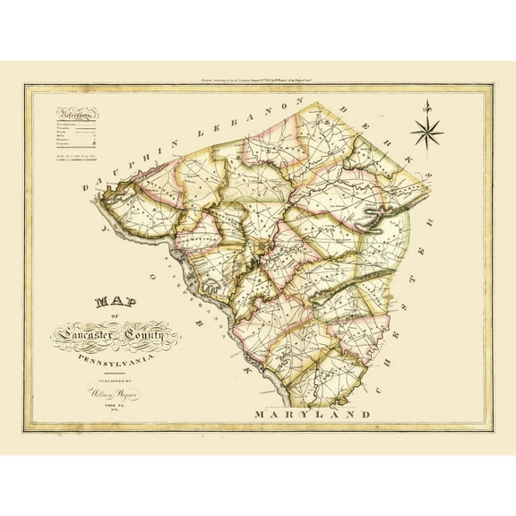 Historic County Map - Lancaster County Pennsylvania - Wagner 1821 - 30.08 x 23 - Vintage Wall Art