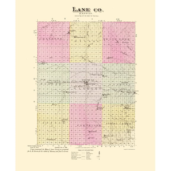 Historic County Map - Lane County Kansas - Everts 1887 - 23 x 28.11 - Vintage Wall Art
