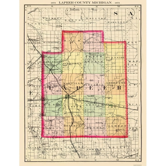 Historic County Map - Lapeer County Michigan - Walling 1873 - 23 x 30 - Vintage Wall Art