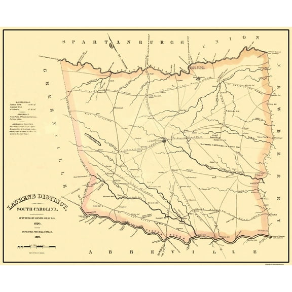 Historic County Map - Laurens County South Carolina - Mills 1825 - 28.13 x 23 - Vintage Wall Art