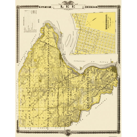 Historic County Map - Lee County Iowa - Shober 1875 - Vintage Wall Art