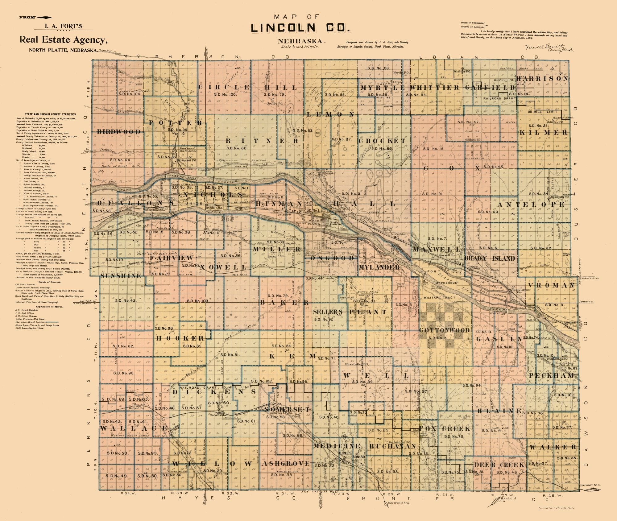 Historic County Map Lincoln County Nebraska Fort 1894 27.24 x 23